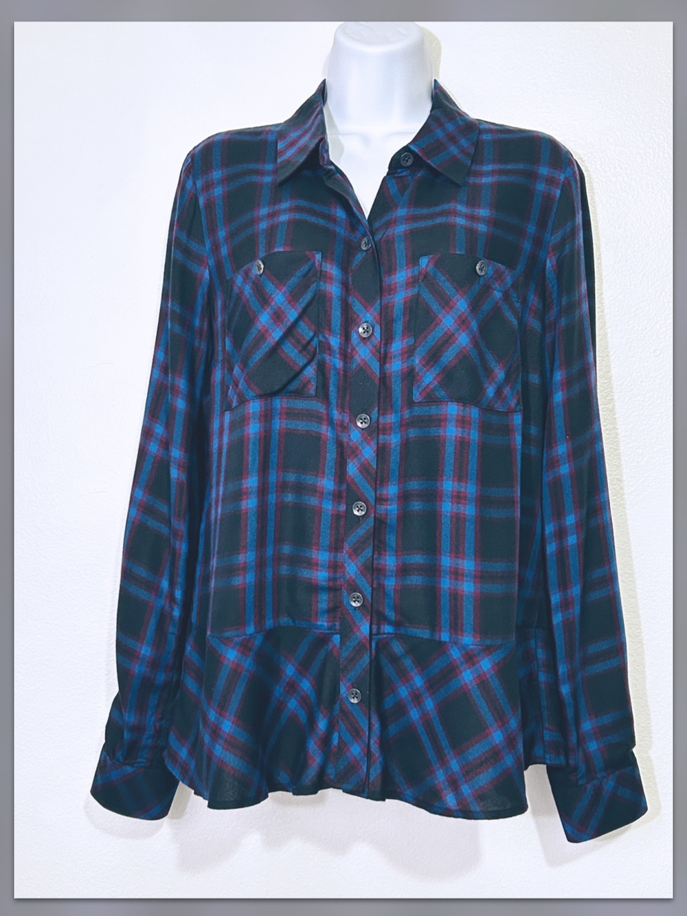 Cabi Blue and Burgundy Plaid Button Up Top